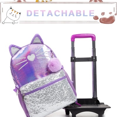 Mochila infantil brilhante roxa com orelhas de gato e bolso prateado