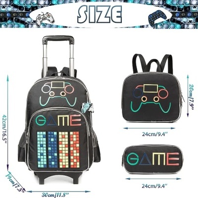 Conjunto Trolley Escolar Gamer 3 peças: Mochila + Lancheira + Porta Lápis: tamanho grande, rodas reforçadas