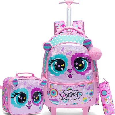 Kit Escolar Gatinha Rosa Mochila com Trolley + Lancheira + Porta Lápis: tamanho grande