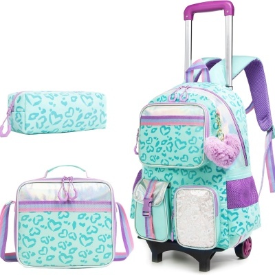 Kit Escolar Corações Verdes Mochila com Trolley removível + Lancheira + Porta Lápis: tamanho grande