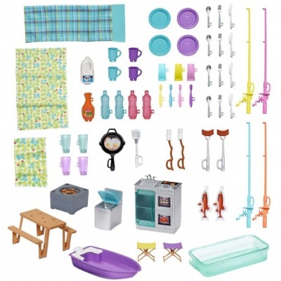 Barbie 3 em 1, Caravana para acampar com piscina, camioneta, barco e 50 acessórios
