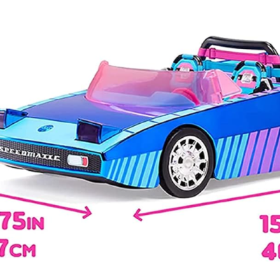 Carrinho desportivo azul rosa com mini figura vestido em branco e rosa