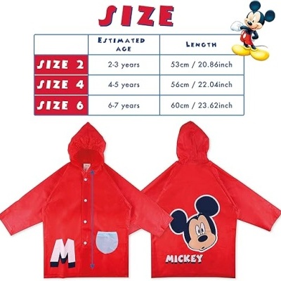 Capa de chuva vermelha infantil com orelhas de Mickey Mouse e tabela de tamanhos