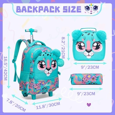 Kit Escolar Leopardo Feliz Verde. Mochila com Trolley + Lancheira + Porta Lápis: tamanho grande
