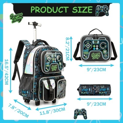 Mochila de rodinhas, lancheira e estojo com tema Game Day e comandos de videojogo