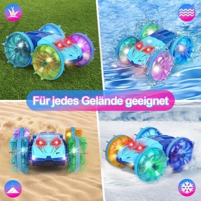 Carro Telecomandado Anfíbio, rotação 360º, 7 mudanças cor luzes LED, anda na agua, baterias recarregáveis,