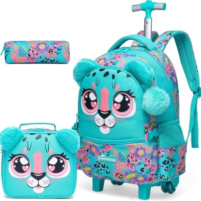 Kit Escolar Leopardo Feliz Verde. Mochila com Trolley + Lancheira + Porta Lápis: tamanho grande