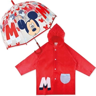 Pac de Guarda-chuva e Capa Transparente para Crianças Mickey Mouse Capa Impermeável com Capuz