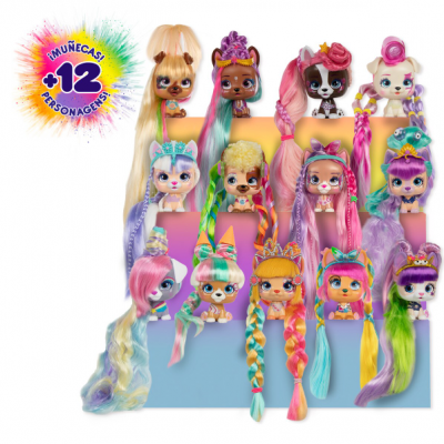 Bonecas coloridas com longos cabelos em suporte colorido e texto IMUÑECAS +12 PERSONAGENS