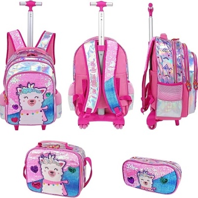 Conjunto escolar rosa com mochila, lancheira e estojo com design de unicórnio e brilhos