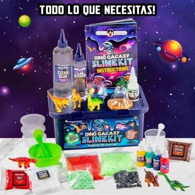 Kit Dino Galaxy Slime com componentes em caixa azul e fundo estelar com planetas coloridos