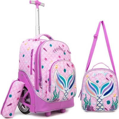 Conjunto Escolar Sereia Rosa: Mochila com Trolley + Lancheira + Porta Lápis: tamanho grande, rodas reforçadas