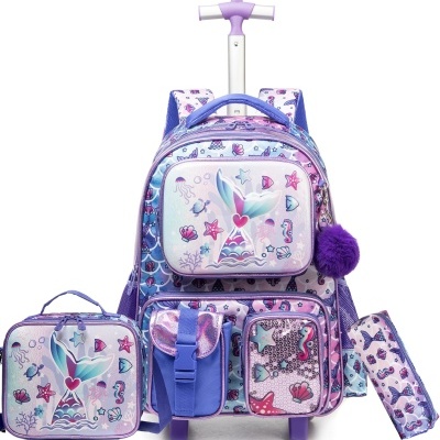 Kit Escolar Sereia Roxa - Fundo do Mar: Mochila com Trolley + Lancheira + Porta Lápis: tamanho grande