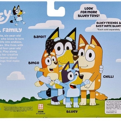 Bluey e família: Bluey, Bingo, Bandit e Chilli. Figura de ação articulada, 4 unidades,  brinquedo oficial colecionável.