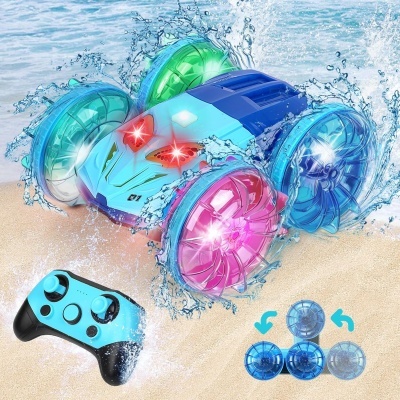 Carro Telecomandado Anfíbio, rotação 360º, 7 mudanças cor luzes LED, anda na agua, baterias recarregáveis,