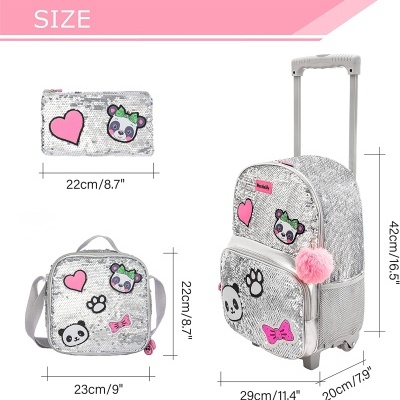 Pack Escolar Panda Mochila + Lancheira + Porta Lápis: tamanho grande com lantejoulas