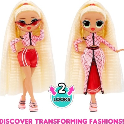 Bonecas com roupas transformáveis em rosa e vermelho e cabelo loiro comprido.