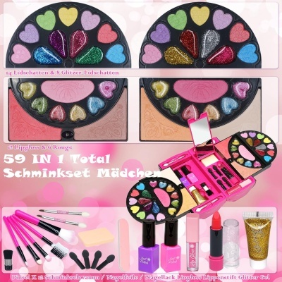 Conjunto de maquilhagem infantil colorido com várias sombras em forma de corações, pincéis, vernizes, batom, brilhante labial, espelho e gel com glitter dourado
