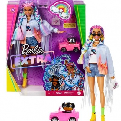 Boneca Barbie Extra,  articulada, com tranças coloridas.