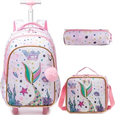 Novo Conjunto Escolar Sereia Rosa: Mochila com Trolley + Lancheira + Porta Lápis: tamanho grande