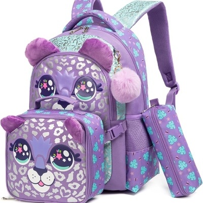 Kit Escolar Leopardo Lilás: Mochila + Lancheira + Porta Lápis: tamanho grande, sem Trolley