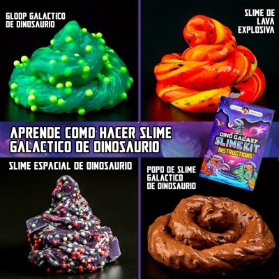 Quatro tipos de slime colorido com embalagem de kit Dino Galaxy Slime