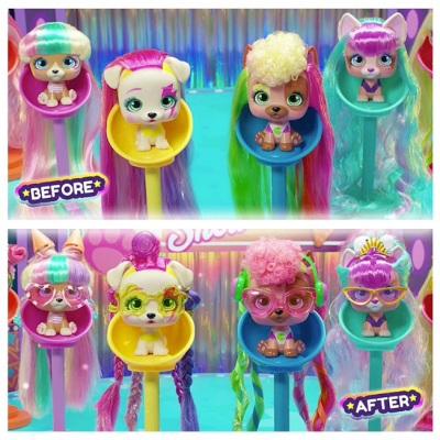 Quatro brinquedos de cães coloridos em suportes redondos antes e depois de serem adornados com acessórios como óculos e tiaras