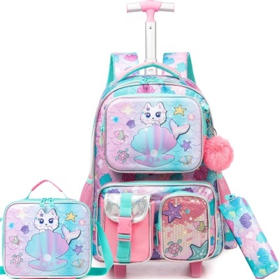 Kit Escolar Gatinha Sereia Rosa Mochila com Trolley + Lancheira + Porta Lápis: tamanho grande