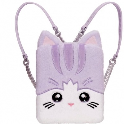 Bolsa de pelúcia rosto de gato lilás e branco com alças finas e correntes