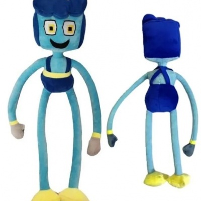 Boneco de pelúcia azul e amarelo com braços e pernas longos, vista frontal e traseira