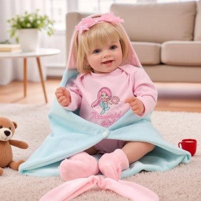 Boneca de bebé vestida de rosa sentada com manta azul, com ursinho e chávena.