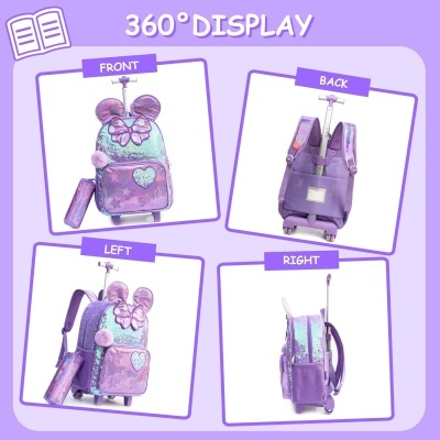 Mochila infantil roxa com detalhes brilhantes, roda e alça de puxar em fundo lilás