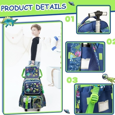 Kit Escolar Dinossauro Astronauta: Mochila com Trolley  + Lancheira + Porta Lápis: tamanho grande