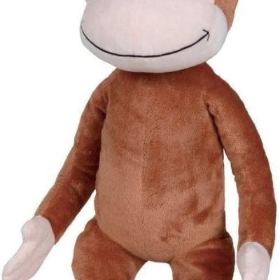 Pelúcia macaco castanho com rosto, mãos e pés cor-de-rosa claro