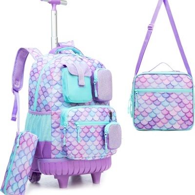 Conjunto Escolar Sereia Roxa: Mochila com Trolley + Lancheira + Porta Lápis: tamanho grande, rodas reforçadas, envio imediato