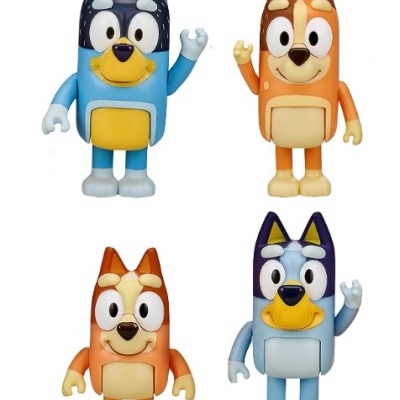 Bluey e família: Bluey, Bingo, Bandit e Chilli. Figura de ação articulada, 4 unidades,  brinquedo oficial colecionável.