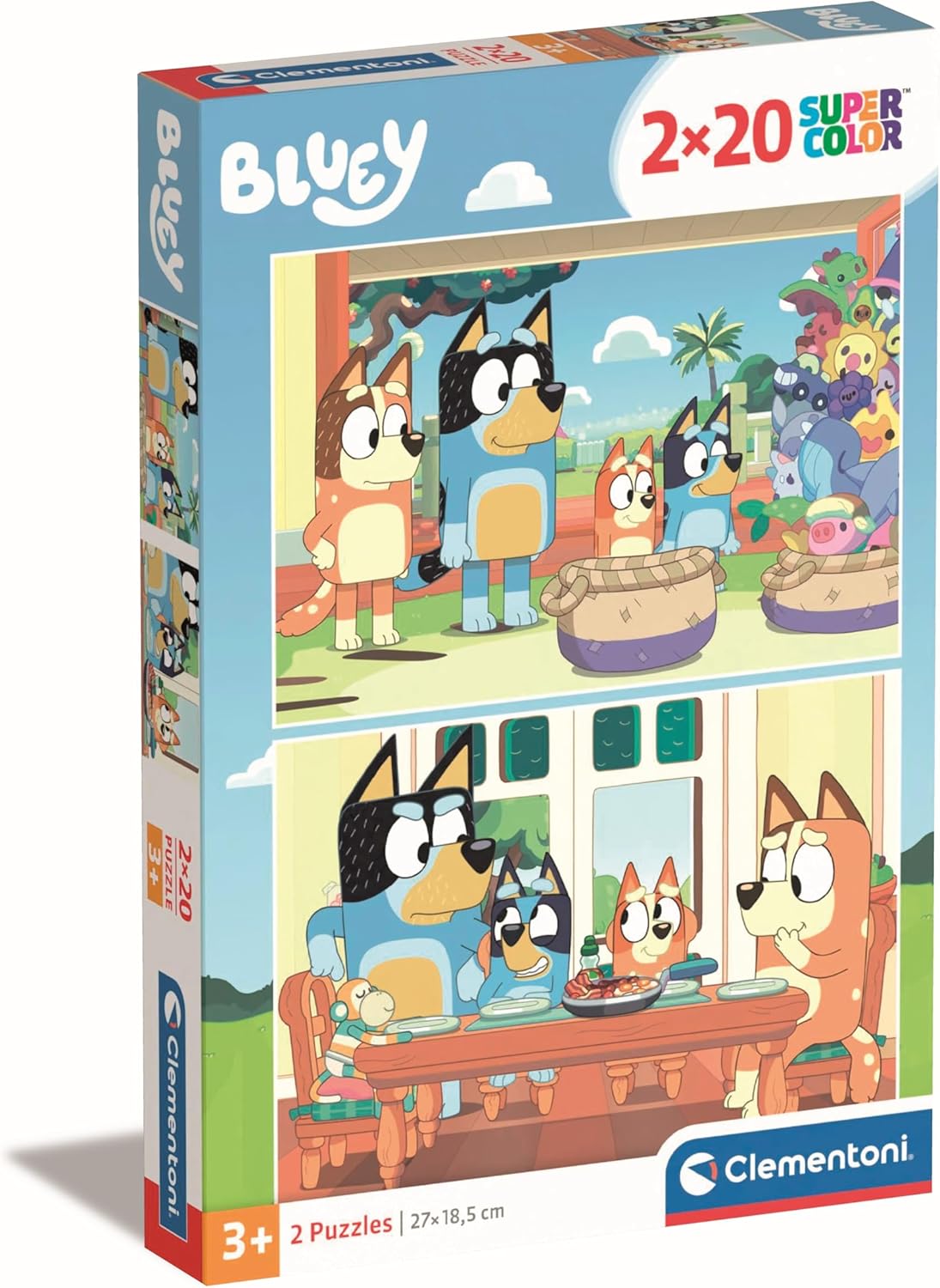 PUZZLE BLUEY - 2X20 PEÇAS, CLEMENTONI Embalagem de puzzles Bluey com desenhos de cães cartoon em cores vibrantes