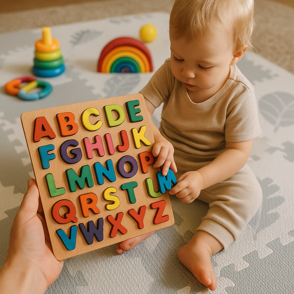 PUZZLE EM MADEIRA DO ABECEDÁRIO Puzzle de letras do alfabeto em madeira e bebé a brincar