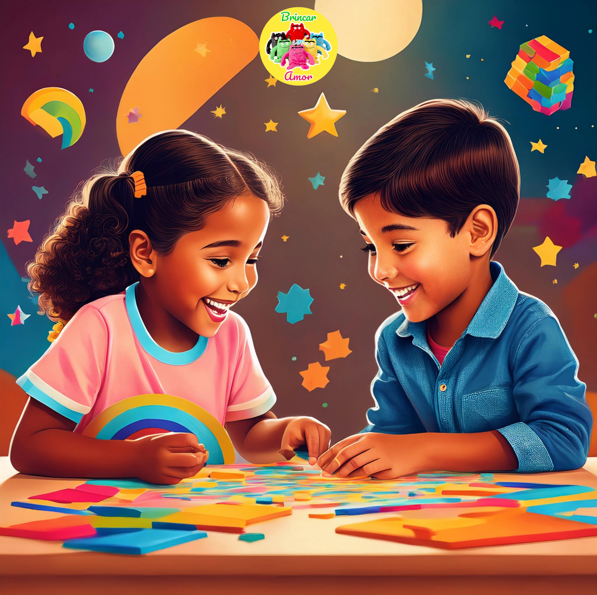 Duas crianças sorridentes a montar um jogo colorido numa mesa com fundo ilustrado de estrelas e planetas.