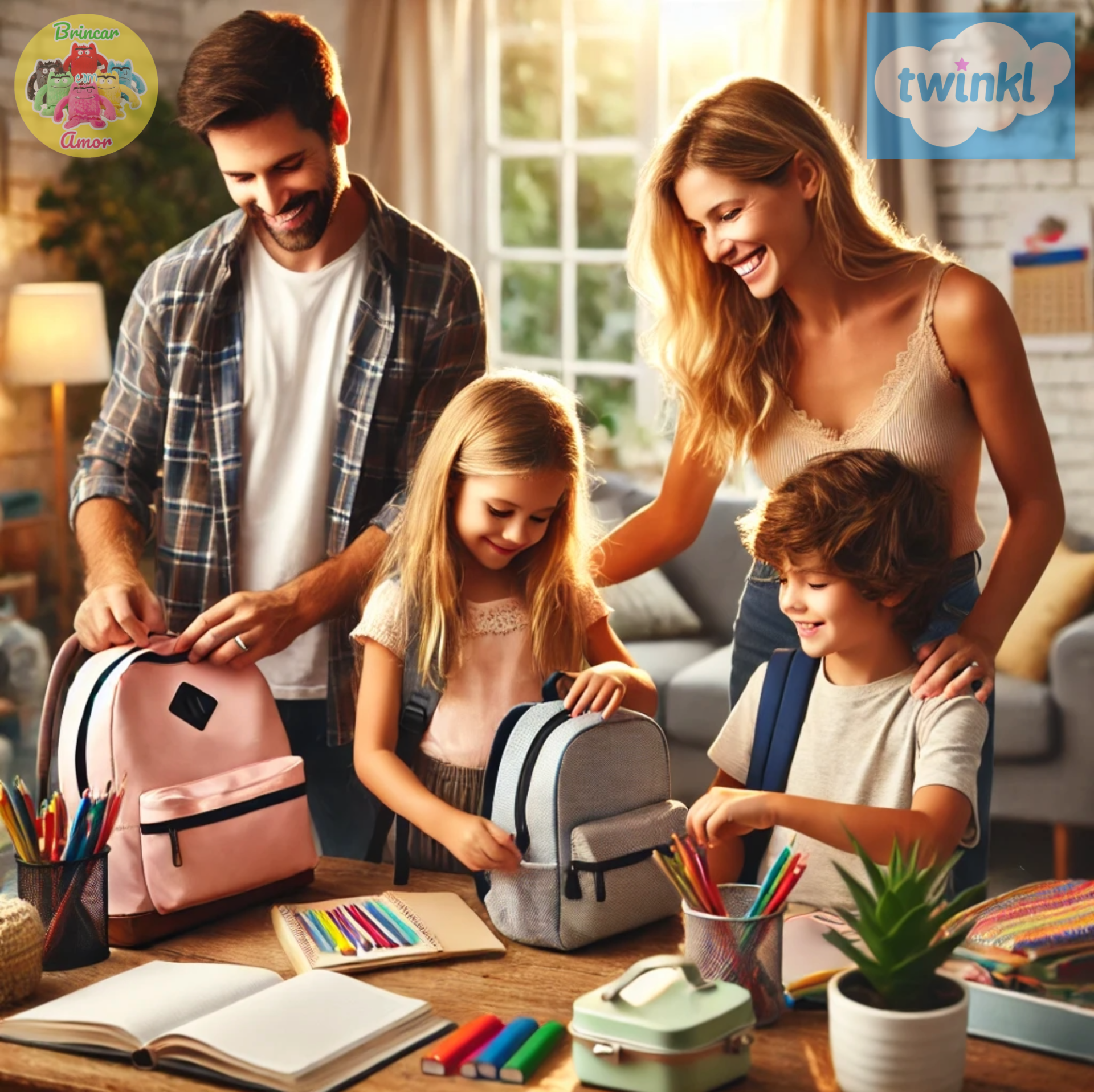 Família preparando mochilas escolares com material colorido sobre mesa