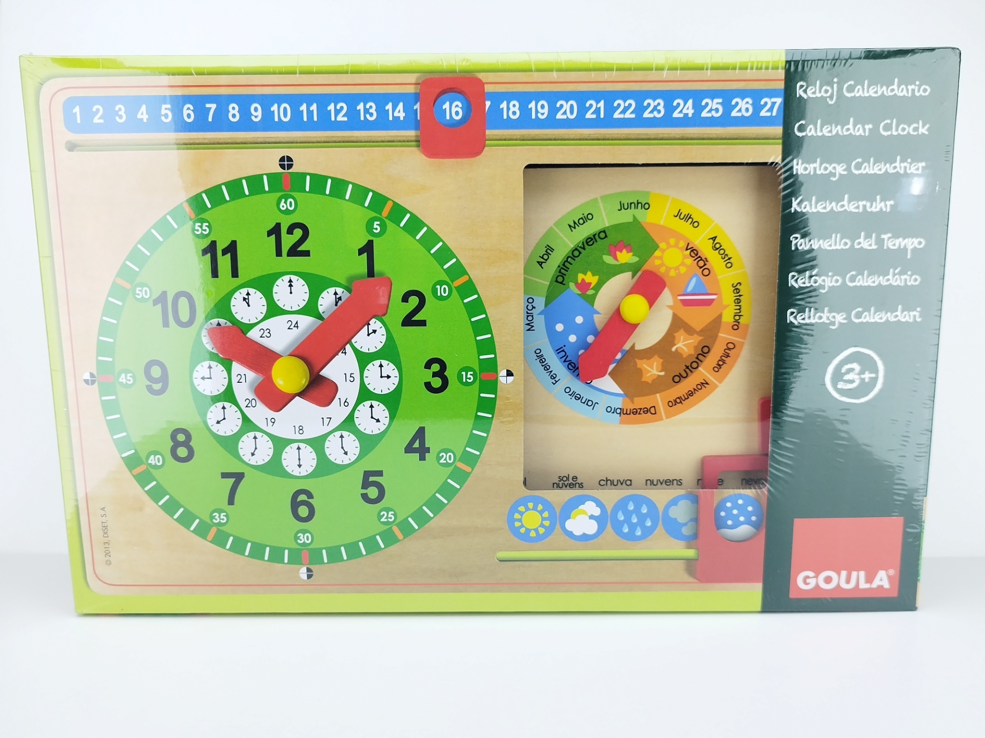 RELÓGIO E CALENDÁRIO INFANTIL EM PORTUGUÊS (PT), GOULA Relógio/calendário de madeira colorido para crianças