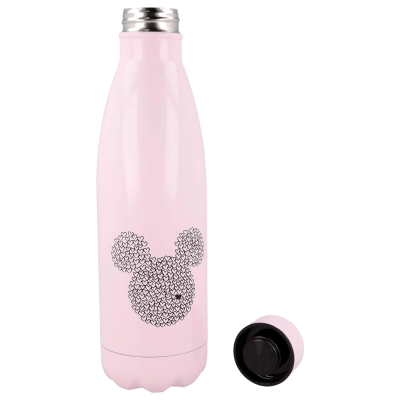Garrafa térmica rosa com desenho da cabeça do Mickey Mouse feita de pequenos corações pretos e tampa ao lado