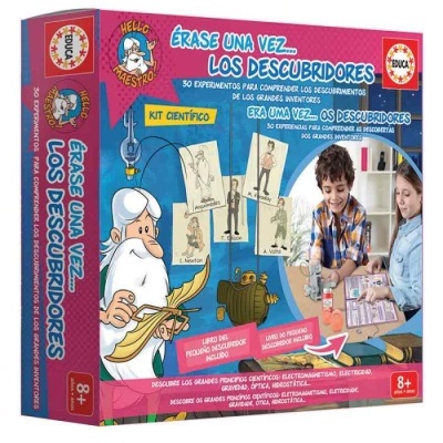 Kit científico Érase una vez... Los Descubridores em embalagem rosa e azul com desenho de cientista caricatural e crianças a realizar experiências