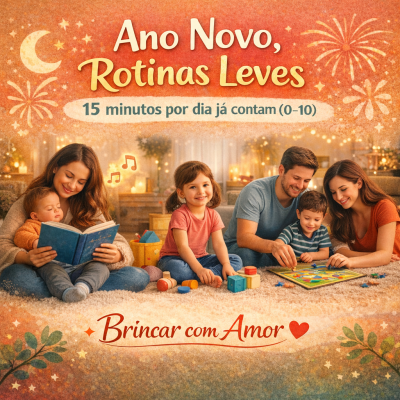 Família a brincar e ler juntos num ambiente acolhedor com texto motivacional de Ano Novo