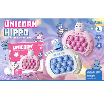 Brinquedos pressiona bolhas rosa unicórnio e azul hipopótamo com embalagem e instruções