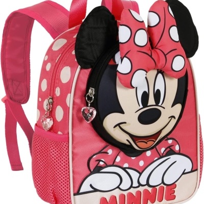 Mochila infantil cor-de-rosa Minnie Mouse com bolinhas brancas e orelhas em tecido preto