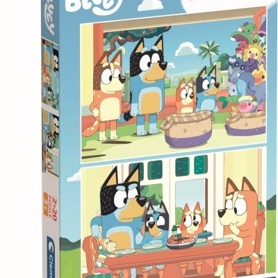 Embalagem de puzzles Bluey com desenhos de cães cartoon em cores vibrantes