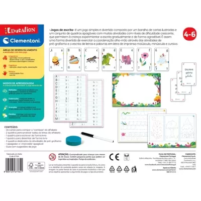 Embalagem de jogo educativo de escrita para crianças 4-6 anos da Clementoni com cartas ilustradas e instruções em português.
