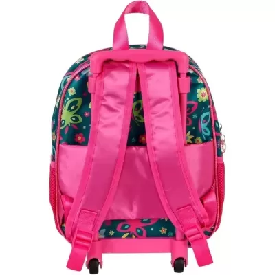 Mochila infantil rosa com estampado de flores e borboletas e rodinhas