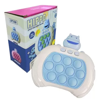 Jogo interativo infantil Hippo Speed com botões azuis e figura de hipopótamo